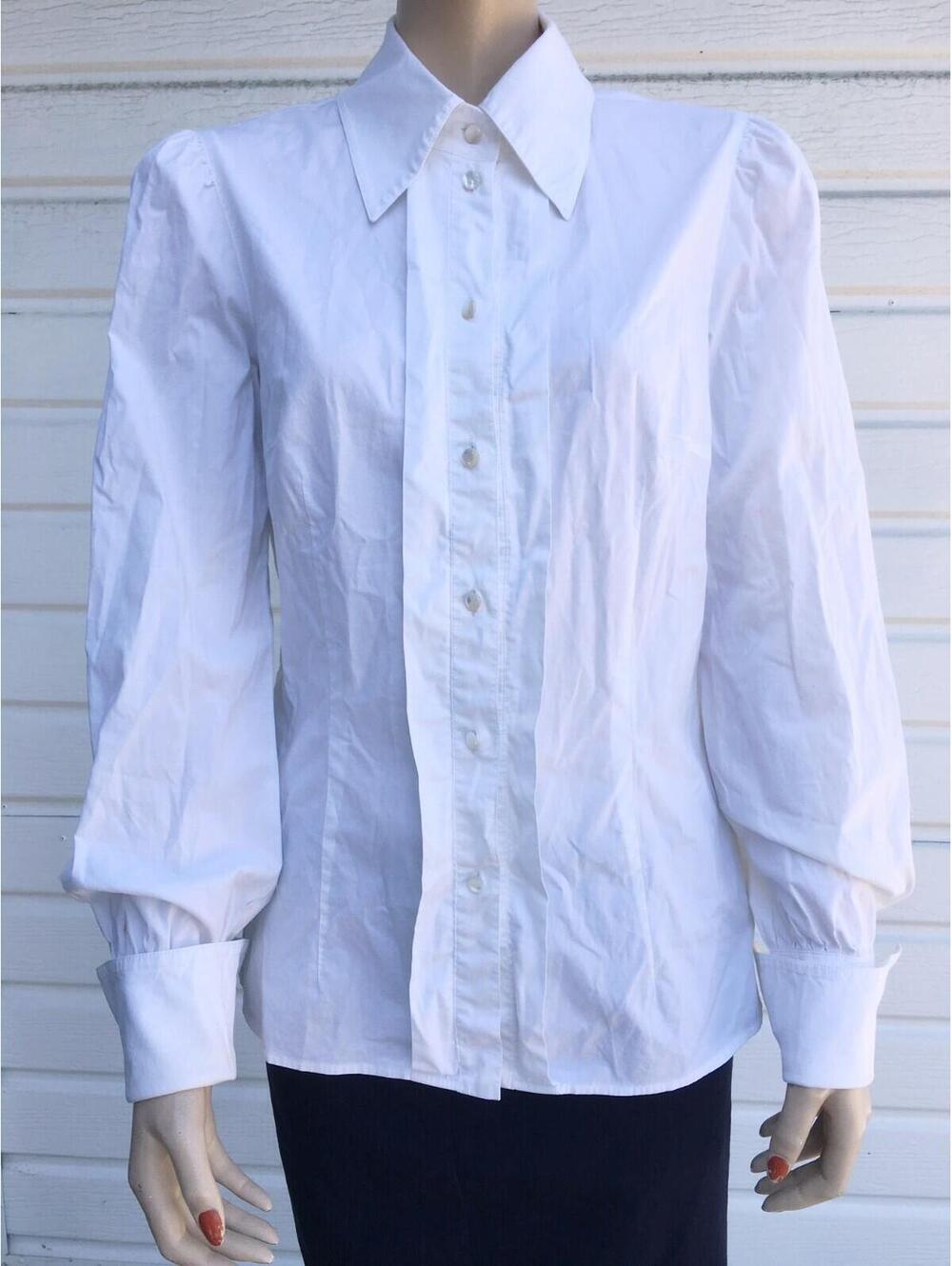 Escada White Button Up Tuxedo Blouse Fold Cuffs Pearl Buttons sz 36 (S / 4-6)